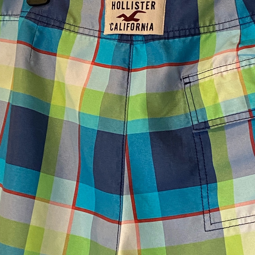 Hollister Boardshorts Swim Trunks Men's Size Large Blue Neon Green Plaid Unlined - Picture 5 of 12